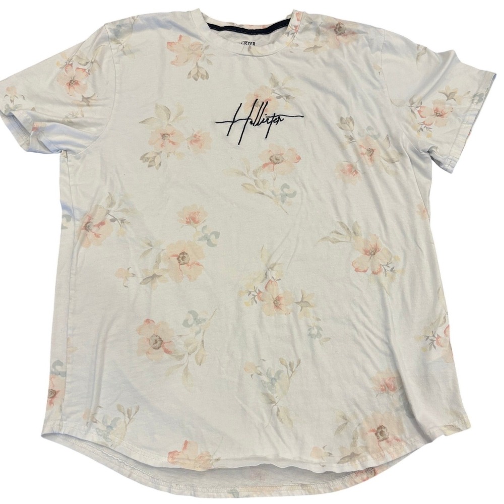 Hollister Mens XL Floral Print T-Shirt White Embroidered Logo Curved Hem Cotton